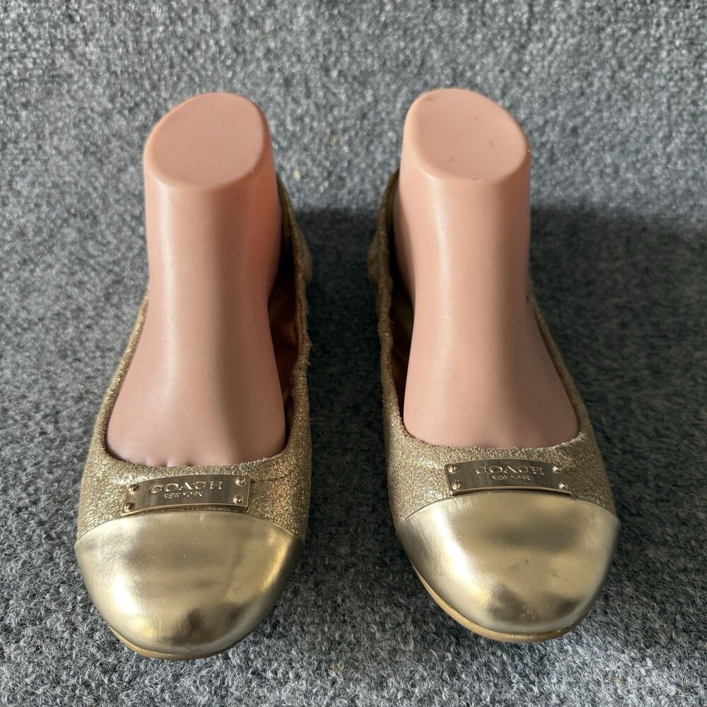 Coach Darsi Gold Metallic Slip-On Ballet Flat Logo Plate Cap Toe Shoe Size 8.5